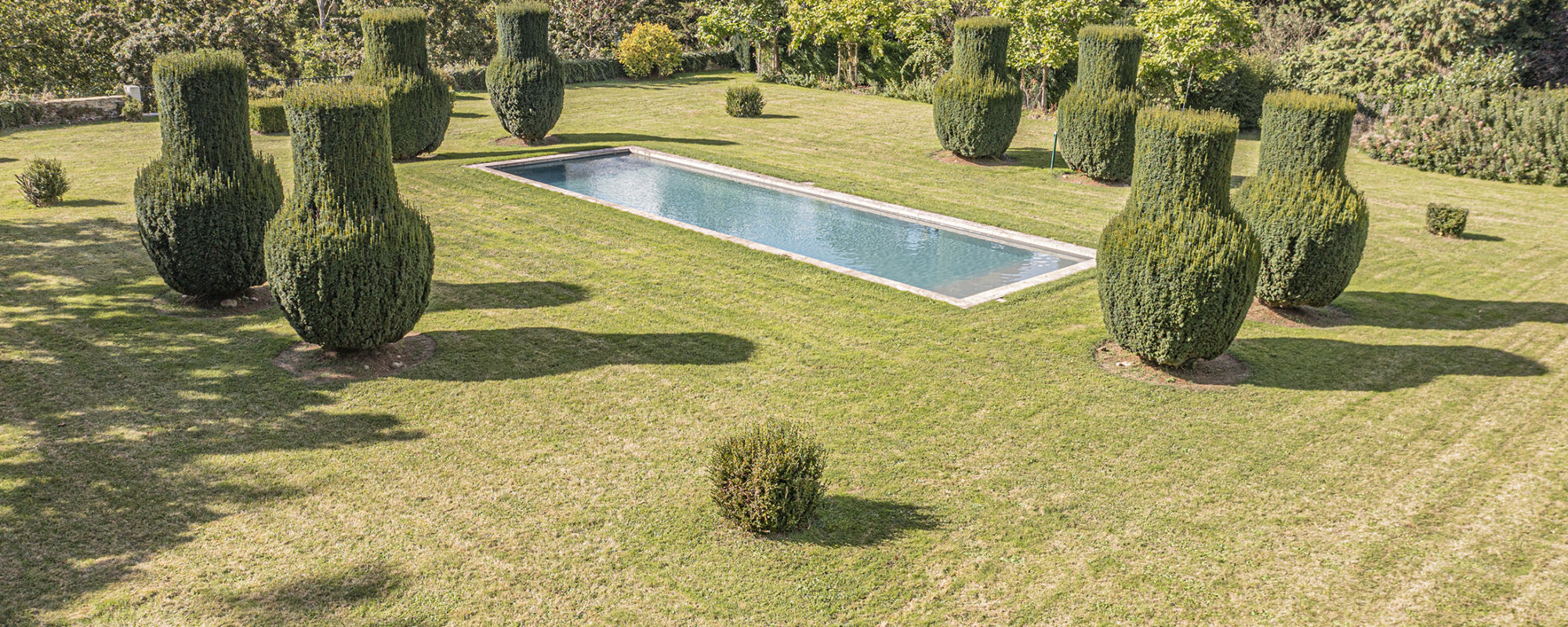 Piscine extérieure de 15 x 4.80 m dans un grand jardin avec gazon